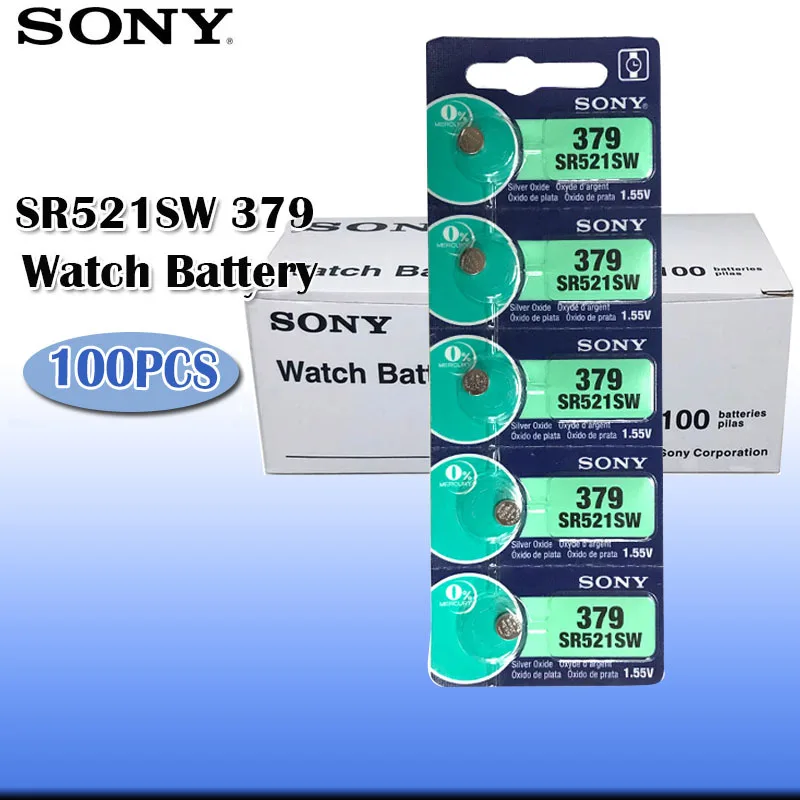 100 шт. Sony 100% оригинал 379 SR521SW SR63 D379 V379 AG0 Серебряный оксид батарейка для часов