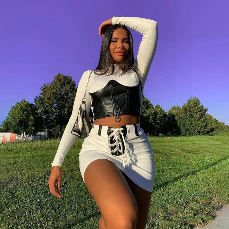 

Женская футболка из ПУ кожи, с длинным рукавом и высоким воротом