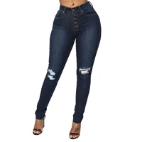 women skinny jeans high waist botton up ladies ripped denim pencil pants causal slim fit all match hole mom full length trousers