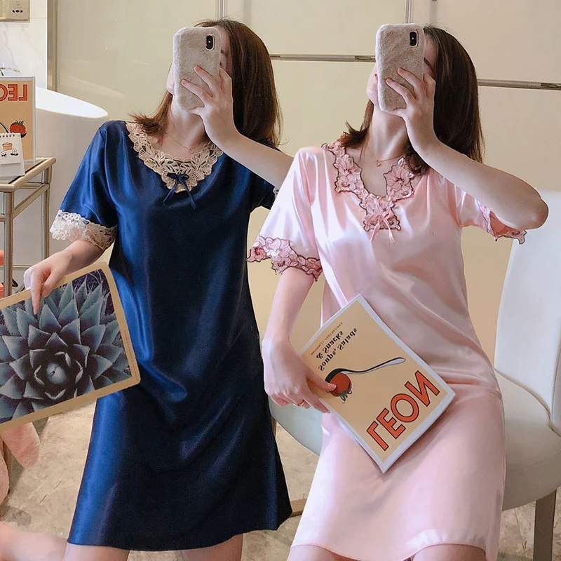 

2020 летние шелковые атласные ночные рубашки с коротким рукавом для женщин Сексуальная кружевная Пижама с V-образным вырезом ночная рубашка д...