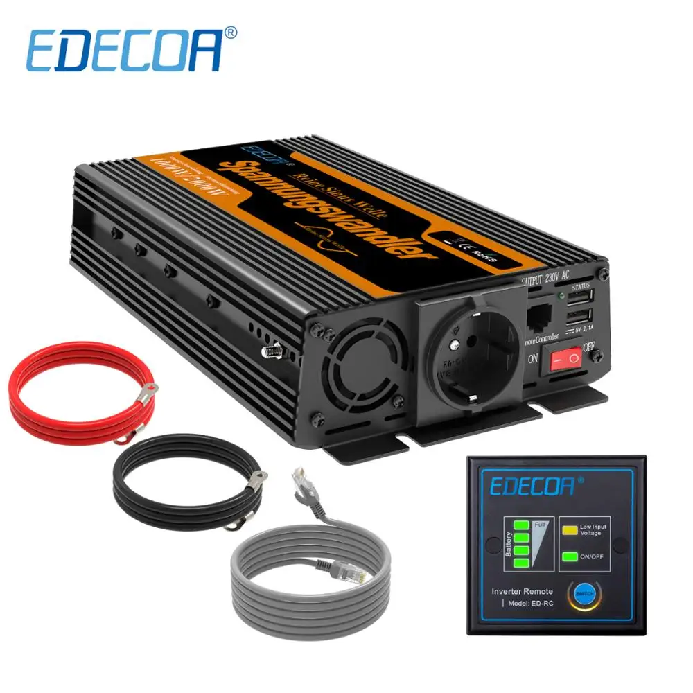 

EDECOA DC 12V to AC 220V 1000w peak 2000w pure sine wave power inverter with remote control and USB 5V 2.1A