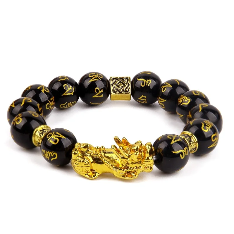 

Feng Shui PiXiu Bracelet Black Obsidian Wealth Jewelry for Men Women Good Luck Necklace Hand Carved Mantra Bead Bracelet 10-14MM