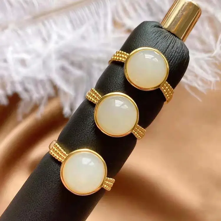 

S925 Sterling Silver Natural Hetian Jade Gold Elegant High-End Chinese Style Women's Adjustable Ring Classical White Jade Ring