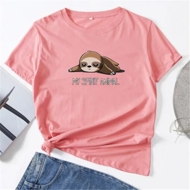 

Summer Short Sleeve Women T shirt 100% Cotton Plus Size 4XL 5XL Cute Lazy Sloth Print Casual Tees Tops O Neck Women tshirt