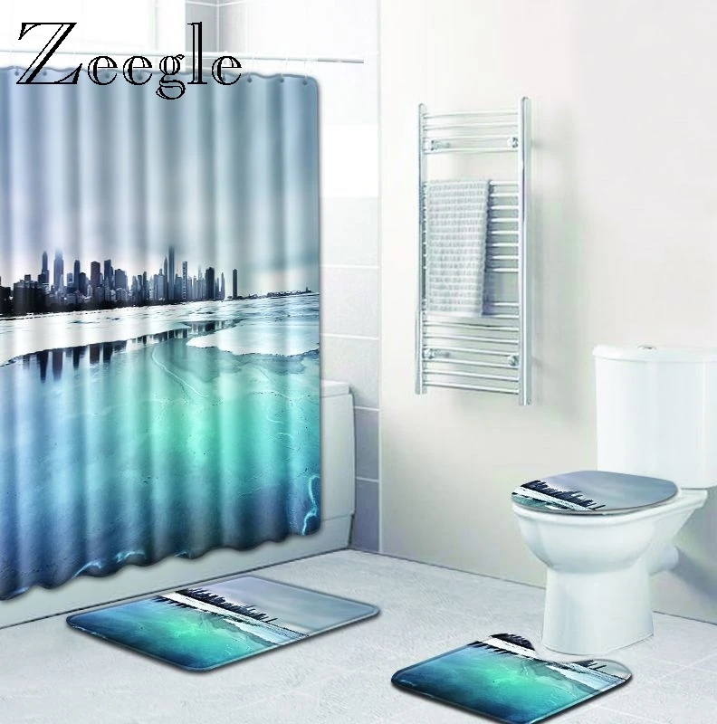 Zeegle Print Shower Curtain Bath Mat Set Pedestal Rug Lid Toilet Cover Bathroom with Hooks Polyester Carpet | Дом и сад