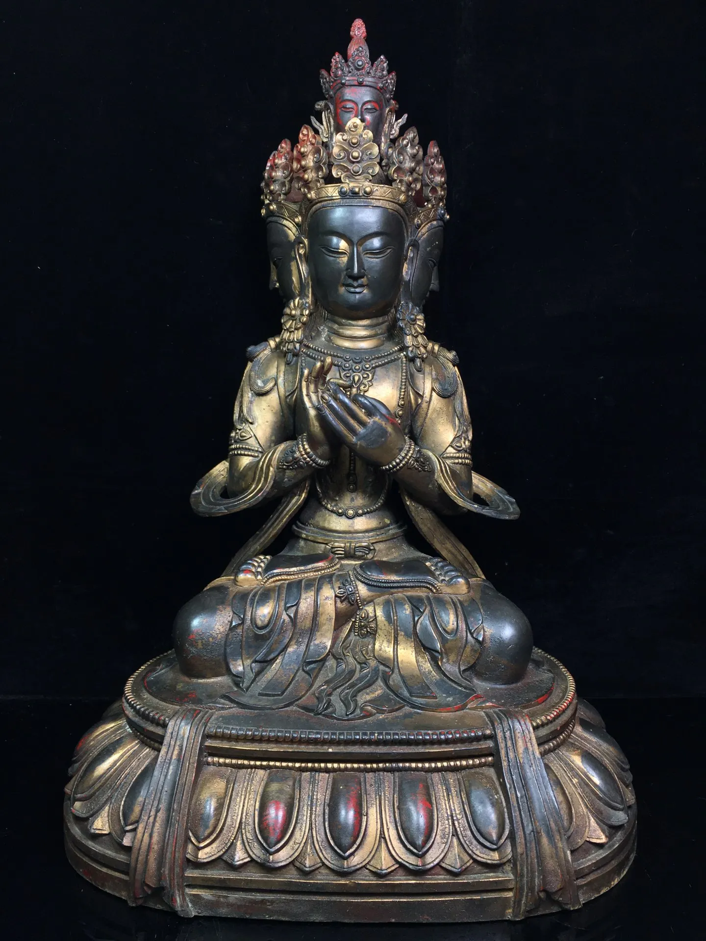 

20"Chinese temple collection Old Bronze Cinnabar Lacquer 5 heads Green Tara Guanyin Bodhisattva Sitting Buddha Ornaments