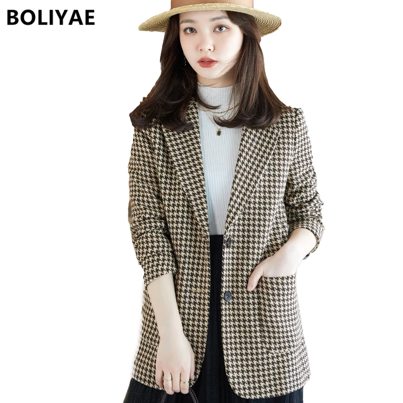 

Новый костюм Boliyae для осени и зимы, пальто, женская модная твидовая куртка с рисунком «гусиные лапки», Женский Повседневный блейзер с длинным рукавом, офисные Топы