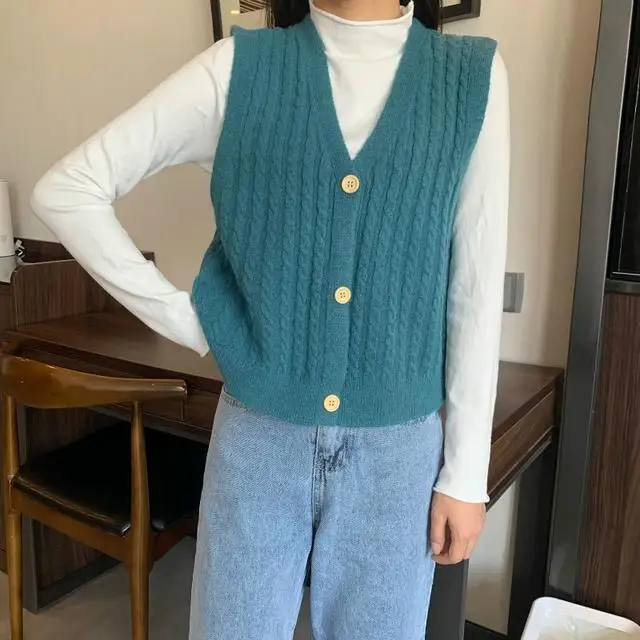 

Loose V-neck Twist Knitted Sweater Vest Women Sleeveless Solid Color Single-breasted Simple Style Sweater Vest Female Spring