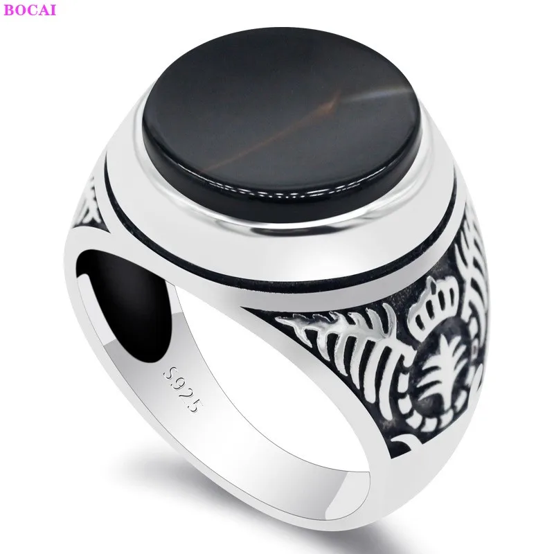 

BOCAI 100% S925 Sterling Silver Ring 2021 Popular Middle East Personality Totem Black Agate Pure Argentum Gemstone Ring for Men