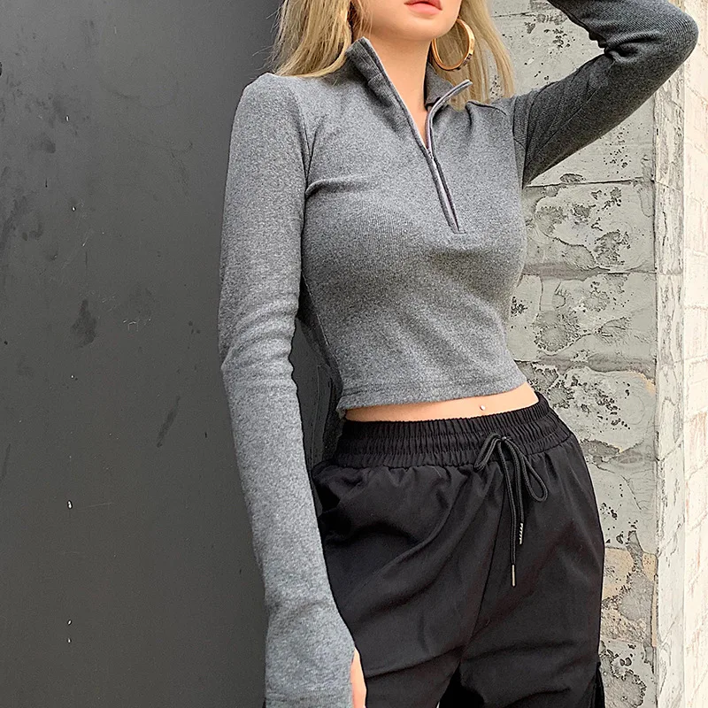 

Shirts for Women Full Sleeves T-shirt Casual Bottom Crop Top with Short Collar Zipper 2020 Women Fashion Clothing Streetwear