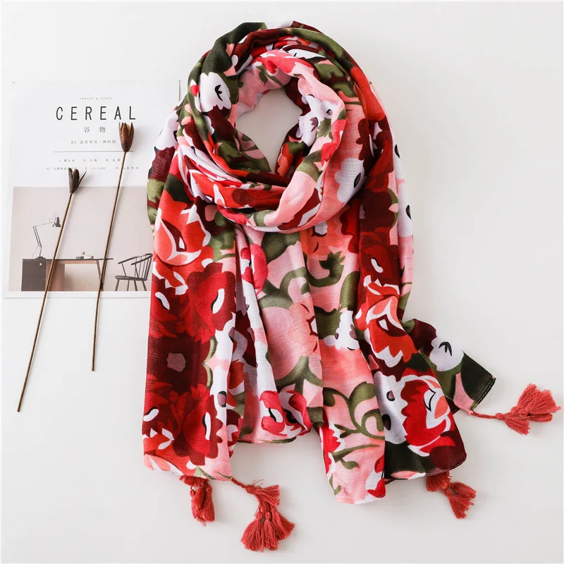 Женский цветочный кашемировый шелковый шарф с кисточкой |
