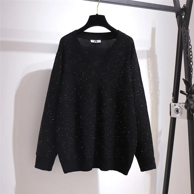 Hodisytian Ins Fashion Women Knitted Sweater Dress Bling Casual V neck Loose Chic Tunic Female Sueter Mujer Plus Size 6XL | Женская
