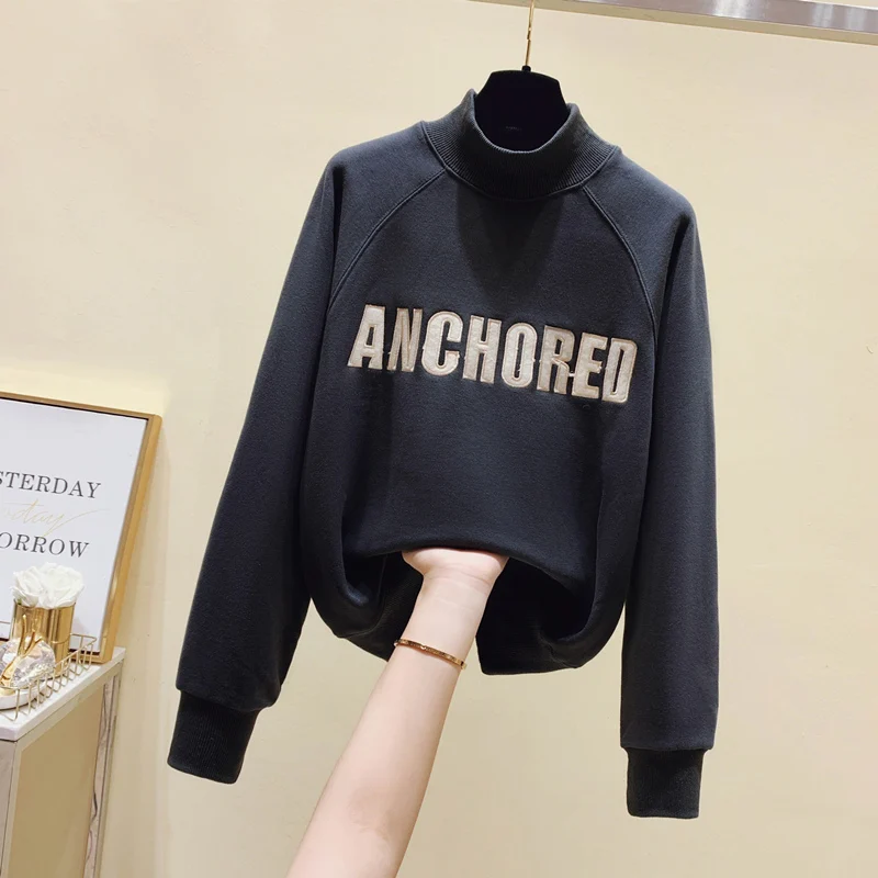 

Spring and Autumn 2021 new embroidered lettered laid-back loose pullover with velvet for ladies
