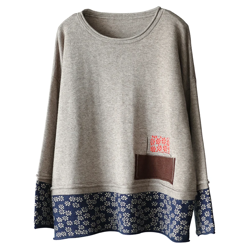 Женский пуловер свитера в стиле пэчворк цветочный принт длинный рукав осень 2019