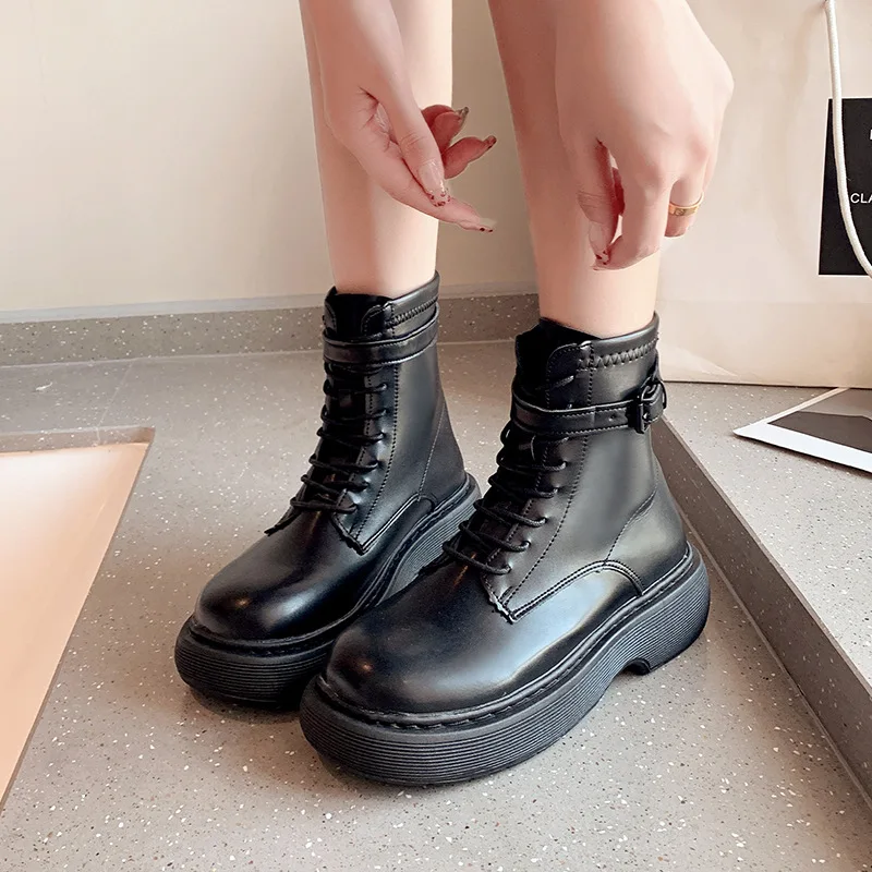 

TOPHQWS 2021 Women's Winter Boots Casual British Style Platform Booties Woman Motorcycle PU Leather Martin Ankle Boots Female