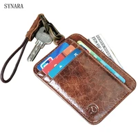 genuine cowhide leather id card holder menwomens casual travel case credit bank card wallet package hanging holewrist strap