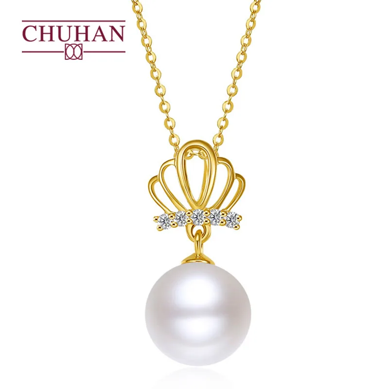 

CHUHAN ювелирные изделия из золота 18 карат алмазов корона ожерелье кулон 8-8,5 мм натуральный пресноводный жемчуг подвеска для женщин, хорошая б...