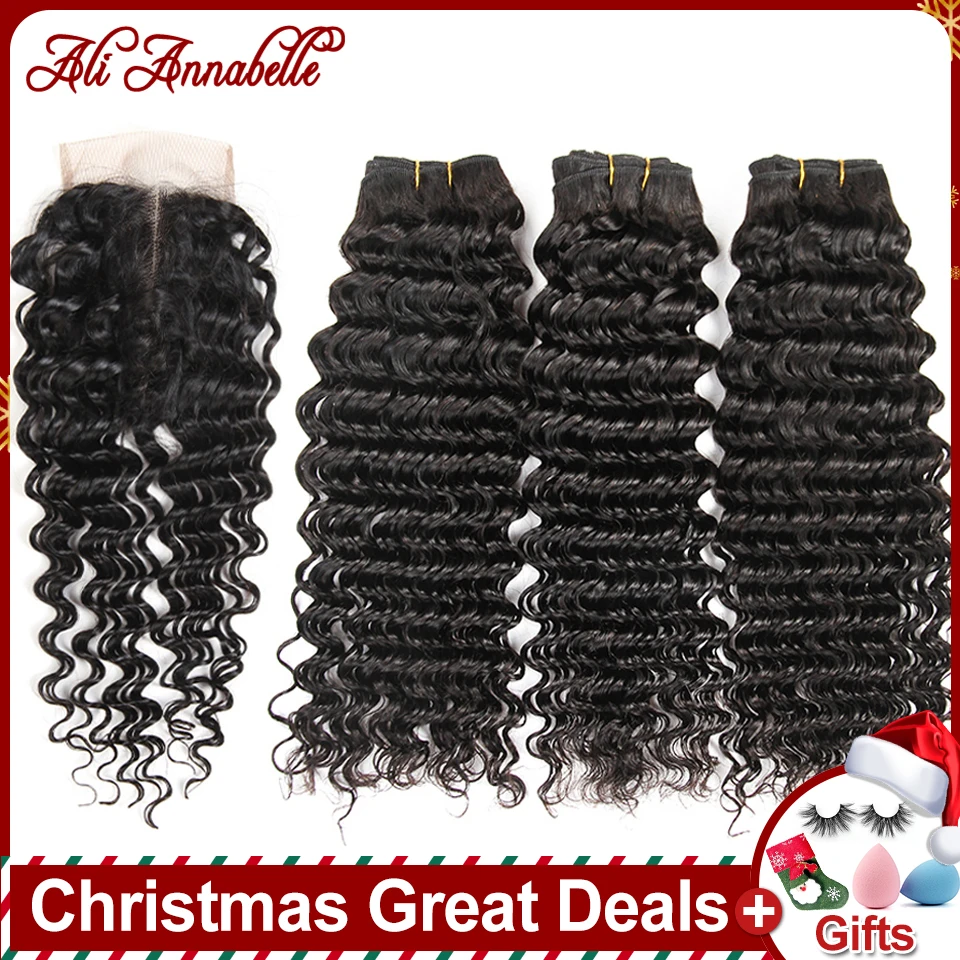 ALI ANNABELLE, человеческие волосы, пряди, с закрытием, remy HAIR, 3 пряди, бразильские, глубокая волна, человеческие волосы с закрытием шнурка HD