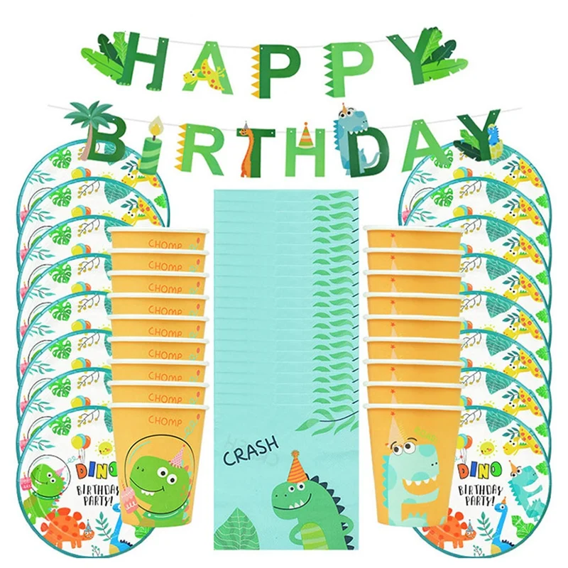 

New 49Pcs Dinosaur Theme Party Disposable Tableware Set Paper Plate Cup Kids Boy Jungle Birthday Party Decoration Baby
