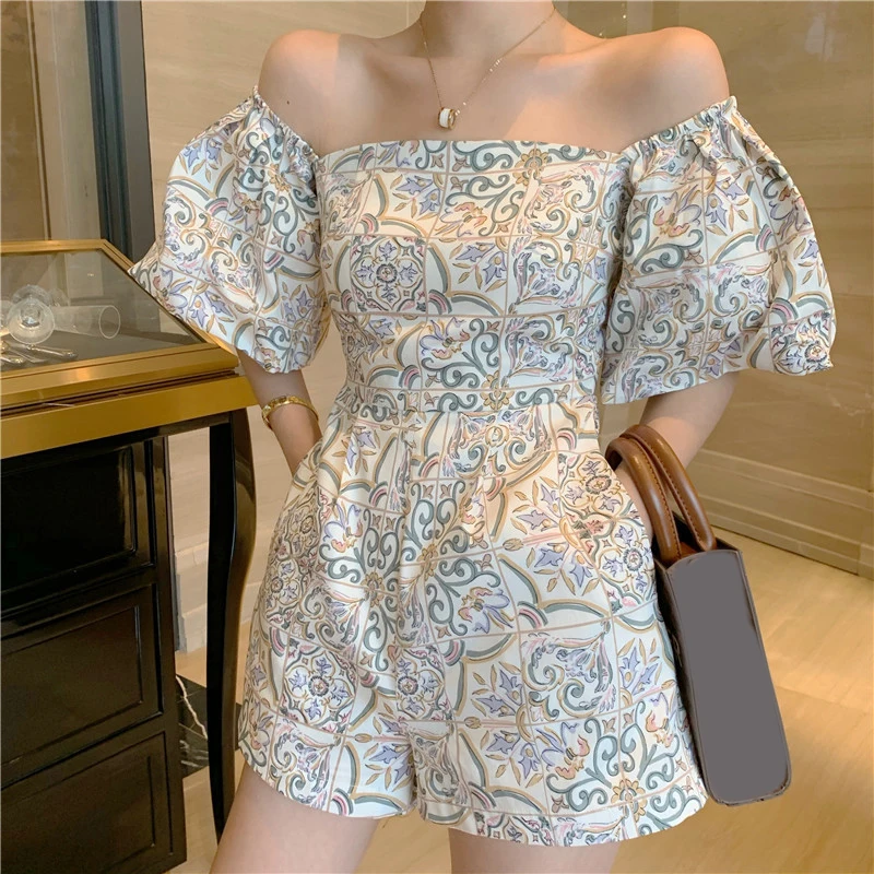 

Women's Boho Jumpsuits Retro Floral Printing Waist Thin Square Collar With Soft And Comfortable Polyester Fabric For Summer