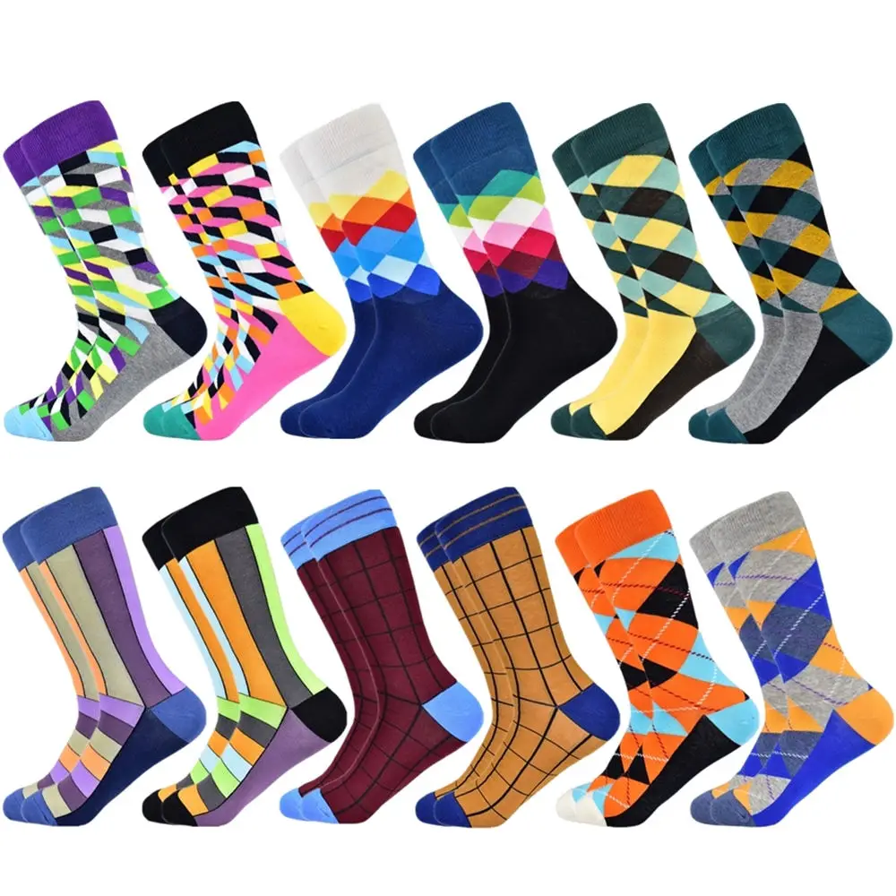 12 pairs socks-21 Популярные мужские носки из чесаного хлопка подарки для мужчин клетчатые геометрические повседневные мужские носки Цветные счастливые мужские носки - Цвет: 12 pairs socks-21