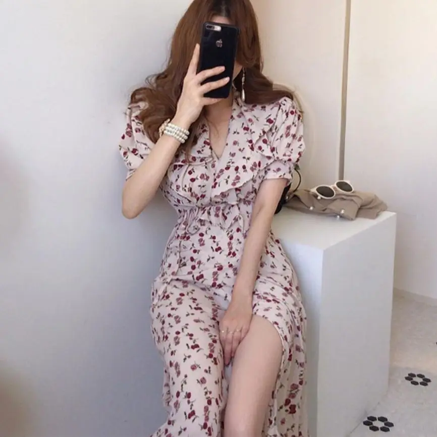 

Ladies Sweet Dress 2021 Spring Elegant Rose Flower Print Tie Lotus V-Neck Short-Sleeved Slim Dress Banquet Party Korean Dresses