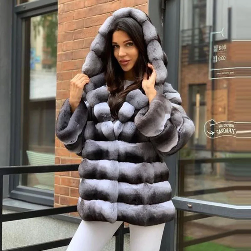 2022 Fashion Real Chinchilla Color Rex Rabbit Fur Coat With Hood For Women Winter Outwear Thick Warm Genuine Fur Jackets Natural