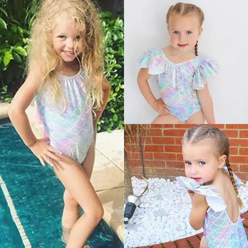 Baby Girl Cute Mermaid Print Swimsuit Ruffle Frill Swimwear 6M-4Y Toddler Kids Children Summer Casual Bathing Suit Beachwear