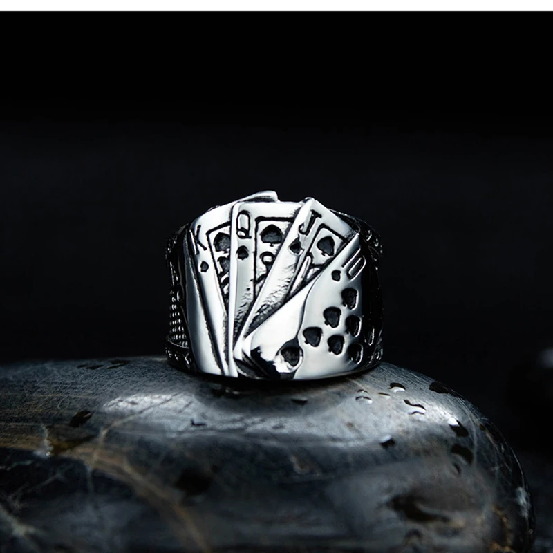 

Punk Style Retro Personality Magician Titanium Steel Ring Texas Poker Straight Flush Ring