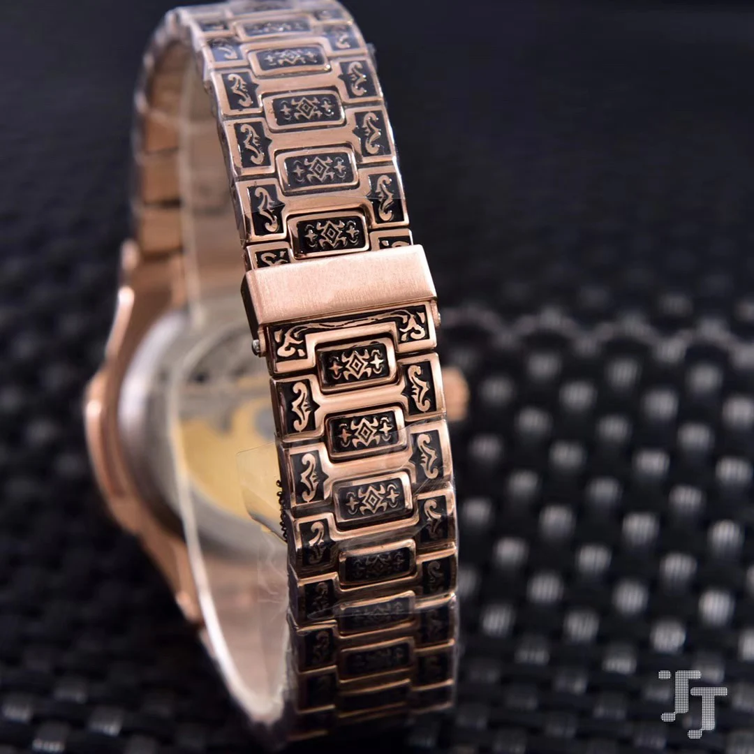 

Classic New Men Stainless Steel Automatic Mechanical DayDate Transparent Moon Phase Sapphire Rose Gold Vintage Carved Watch