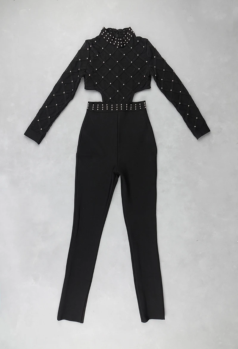 

2021 Sexy Women's Long Sleeve Beaded Lace Jumpsuit Club Black Mesh Hollow Out Bodycon Bodysuit Party Celebrity