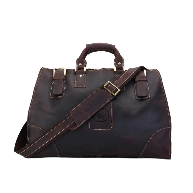 Dark Brown Крутая модная Дорожная сумка из натуральной кожи, Большая вместительная мужская сумка для путешествий, сумка для багажа из коровьей кожи, большая сумка на плечо, сумка-тоут - Цвет: Dark Brown