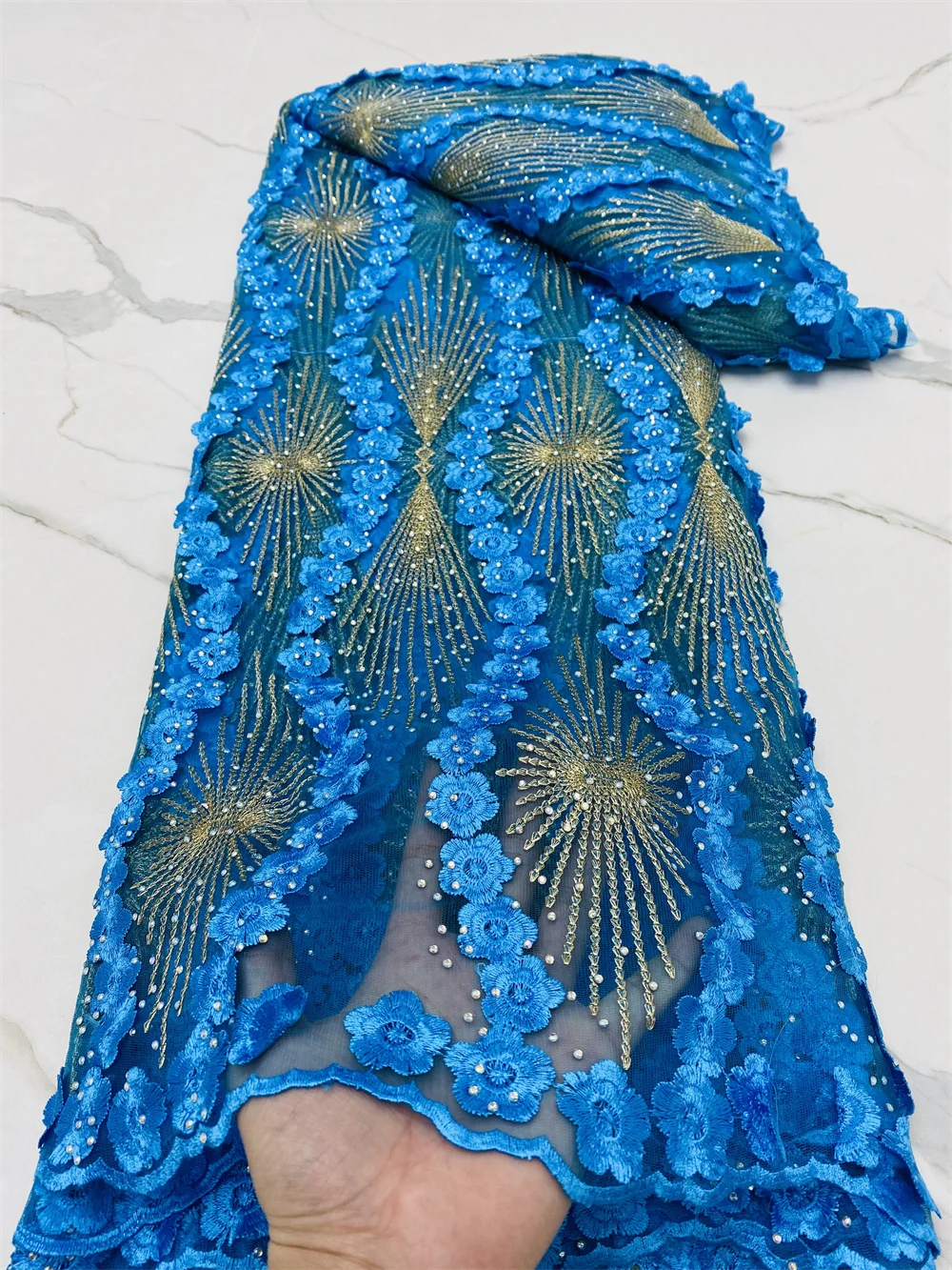 

NI.AI синий французский сетчатый кружевной материал 2021 Высококачественная кружевная фатиновая кружевная ткань с вышитыми камнями сетчатая т...