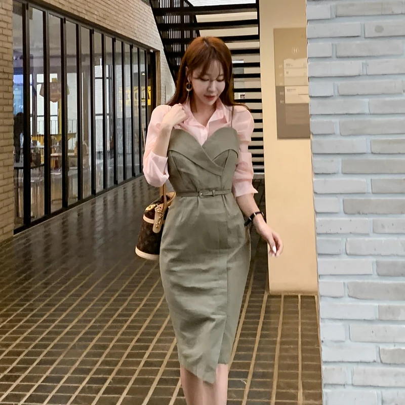 HAMALIEL корейский женский спагетти ремень Bodycon Карандаш платье Модный комплект из