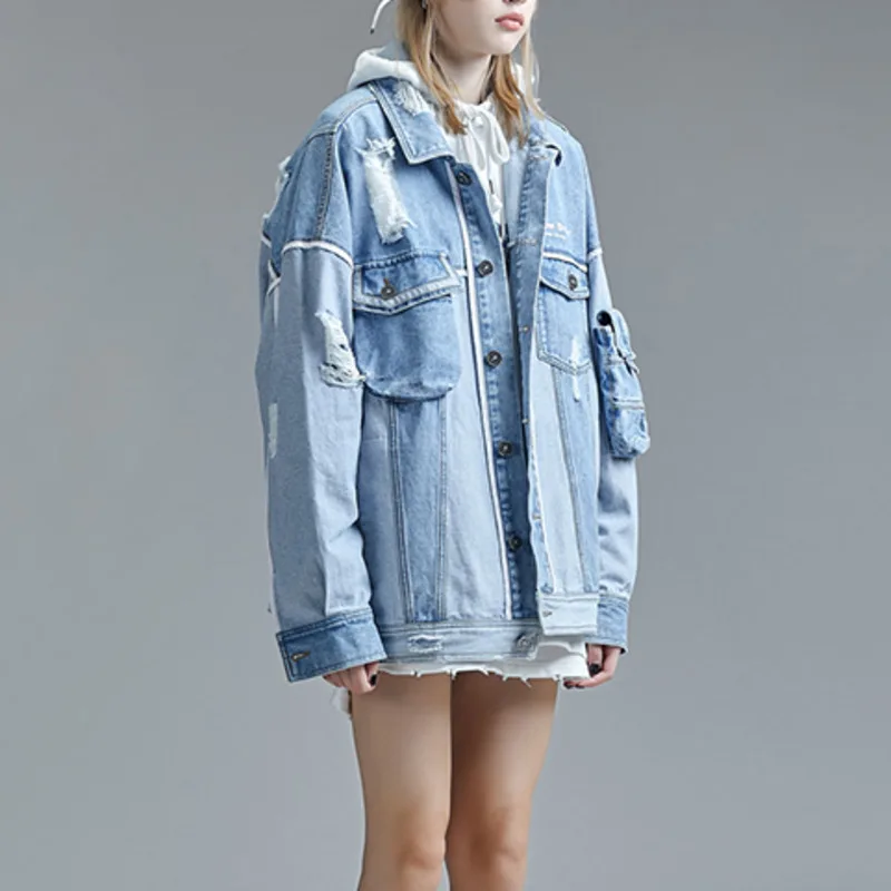 

SONDR Oversized Broken Denim Jacket Women Hip Hop Stitching Printed Jeans Jacket Female Loose Couple Autumn Winter Coat Women