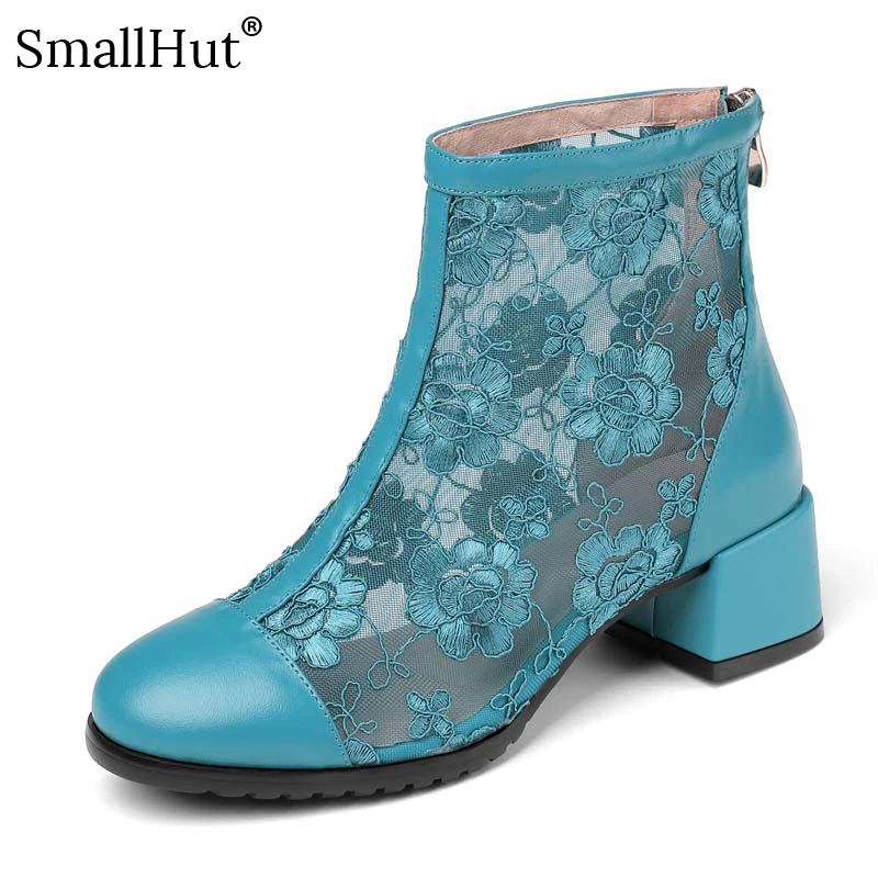 Женские летние сетчатые ботильоны из натуральной бычьей кожи модные синие