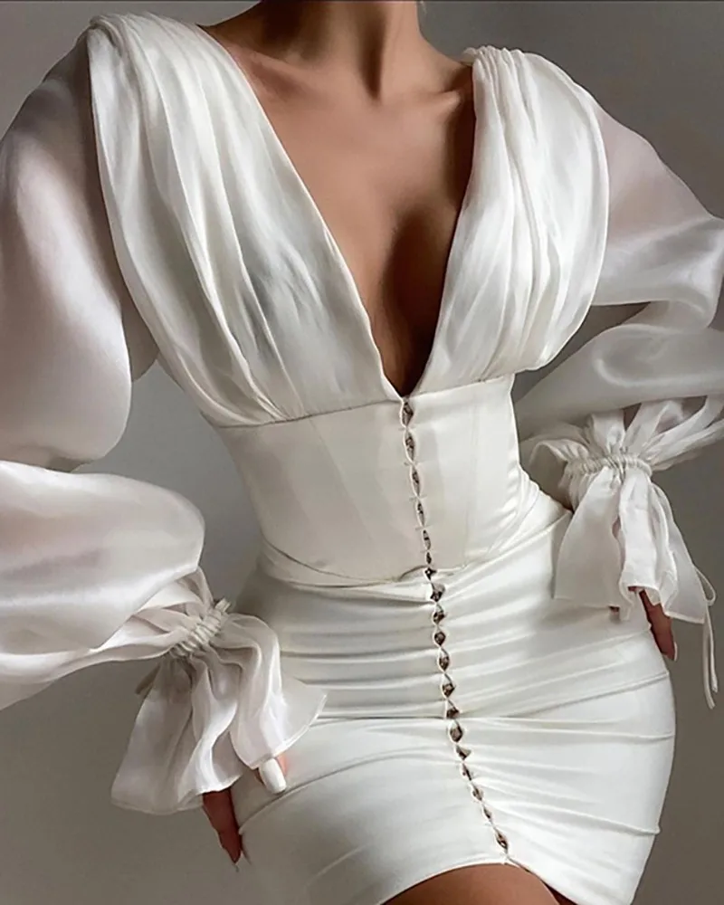 

Женское платье, новое модное однотонное Плиссированное Платье с V-образным вырезом и рукавами-фонариками, соблазнительное вечернее платье ...