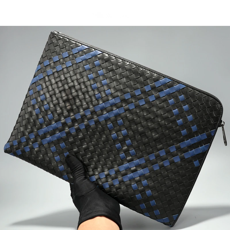 New Style Men's High Quality Luxury Design Cowhide Clutch Fashion Leather Woven Purse Handbag A4 Business Envelope Zipper Bag