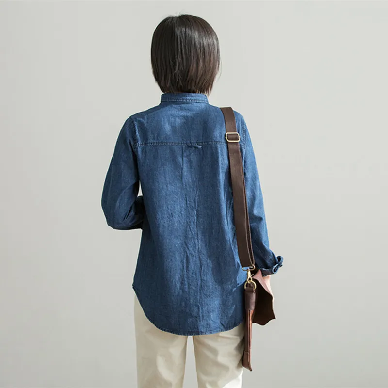 Женские джинсовые топы с отложным воротником Johnature повседневные облегающие