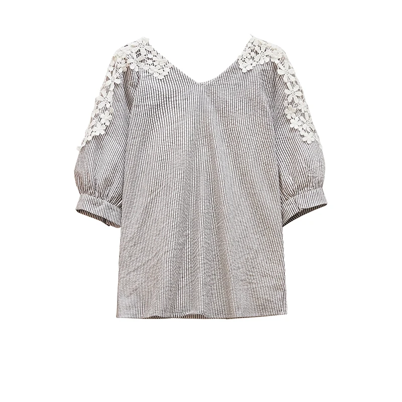 

3XL 4XL 5XL Plus Size Women Blouses 2021 Summer Short Sleeves V-Neck Lace Patchwork Stripe Shirt Female Shirts Casual Tops