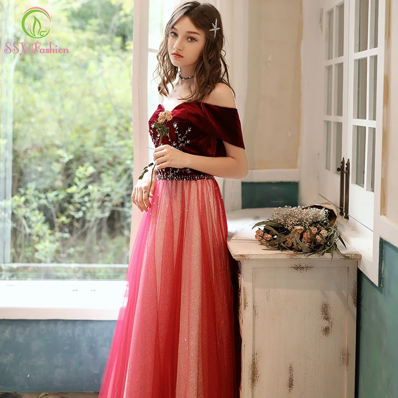 

Женское банкетное платье SSYFashion, элегантное красное вечернее платье с вырезом лодочкой, винтажное велюровое платье с блестками, длинное бал...