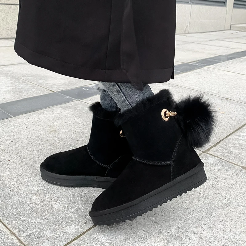 

Genuine Leather Snow Boots Ankle Booties Women Shoes Cow Sudue Fashion Round Toe Flat Winter Thick Bottom Brand Style Plush Warm