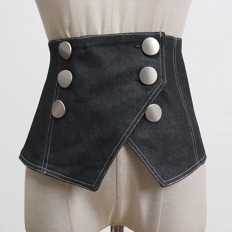 

SeeBeautiful Wide Denim Belts Female Simple Double Breasted Irregular Girdle Waist Seal Summer Spring 2021 New Fashion Tide L208