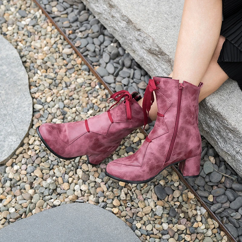 

2019 Women Shoes Zipper Synthetic PU Square High Heels Winter Shoes Ankle Boots Woman Round Toe Work & Safety Boots 34-43