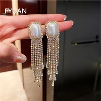 fyuan long tassel full rhinestone drop earrings for women square pearl geometric dangle earrings fashion jewelry accessories