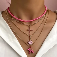 layered pink cartoon poodle dog crystal cross beaded necklace for women enamel leaf acrylic seed bead choker gothic boho jewelry