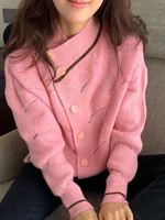 fall 2021 women knit sweater women vintage loose irregular single breasted long sleeves knitted pink cardigan