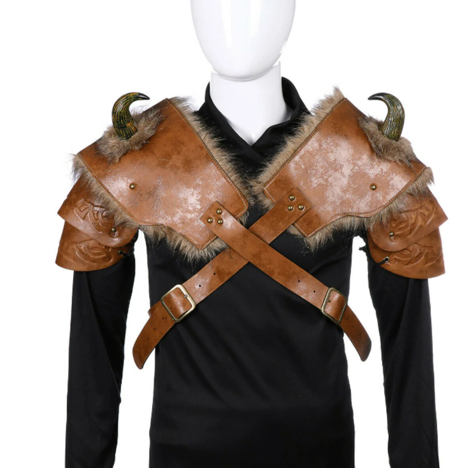 Cospty средневековый воин мужской Armour костюм косплей Ларп взрослый рюкзак из кожи мех викингов плечо Броня с рогом