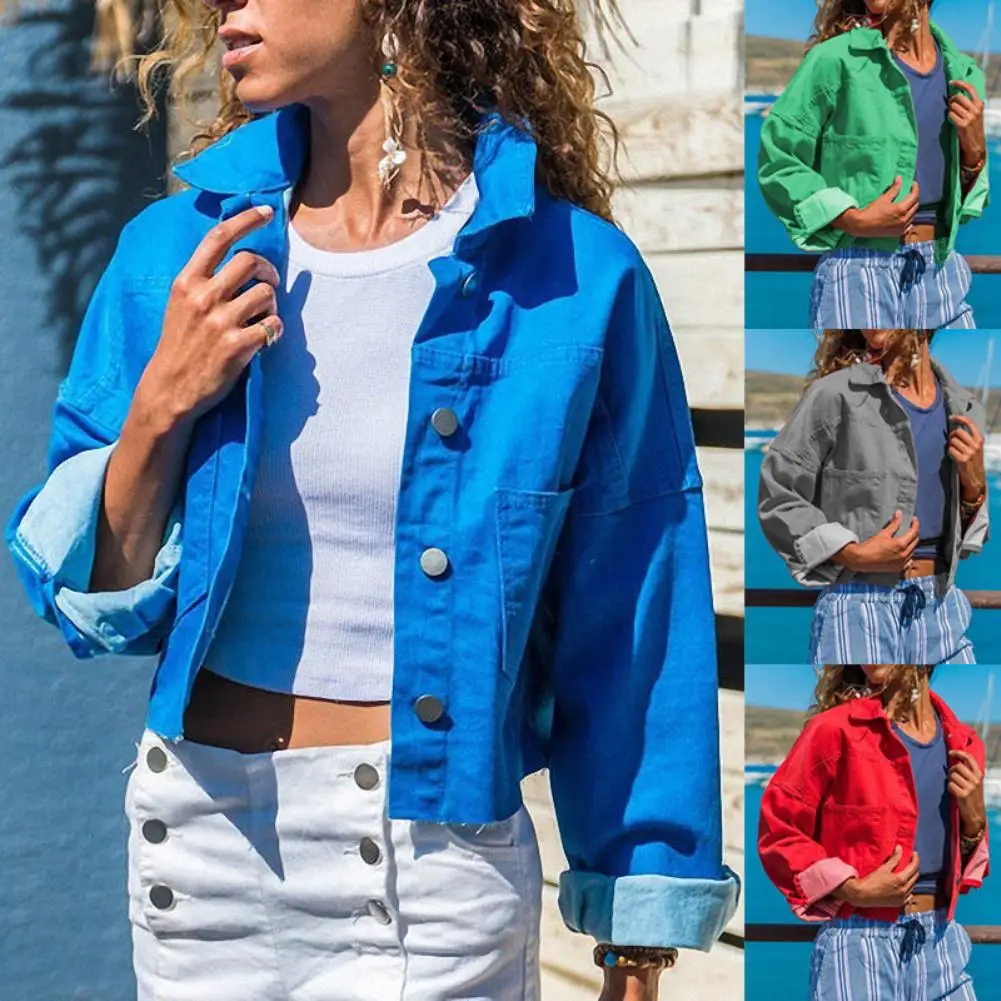 

Women Coat Plus Size Solid Color Denim Short Jacket Women Turn Down Collar Long Sleeve Coat Women's Clothing