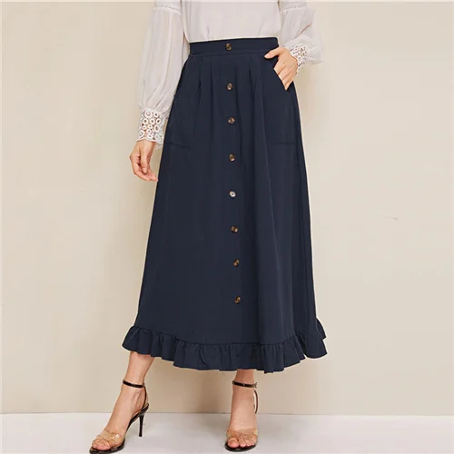 Navy Sheinside/юбка на элегантных кнопках трапециевидной формы для женщин, осенняя юбка макси с оборками на подоле, Женская однотонная Расклешенная юбка с карманами - Цвет: Navy